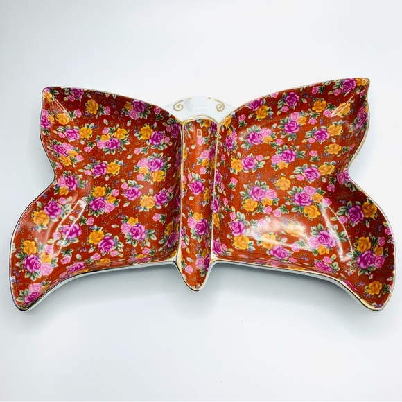 Vintage Jay & Sons Butterfly Porcelain Jewelry Trinket Dish Tray With Gold Trim - Picture 1 of 10